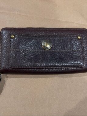 Vintage Coach Chelsea Leather Zip Wallet with Brass Button Accent - Dark Brown